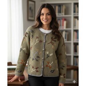 Vintage Nomadic Traders Button Front Cardigan size M Green Embroidered Wool Blen